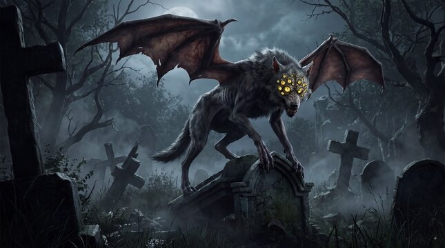 Winged monster wolf with glowing eyes in spooky graveyard