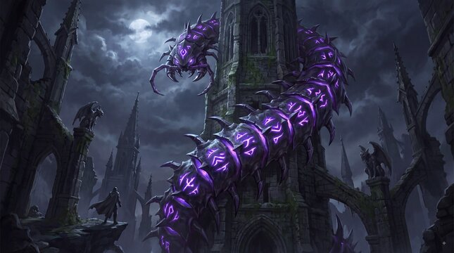 Giant fantasy monster creature wrapping around gothic castle tower
