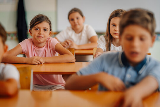 Students learning in elementary school classroom