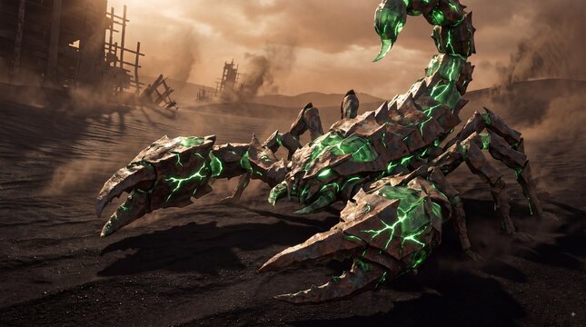 Giant armored scorpion monster in apocalyptic desert wasteland