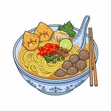 Indonesian street food mie bakso bowl illustration with meatballs pangsit and sambal