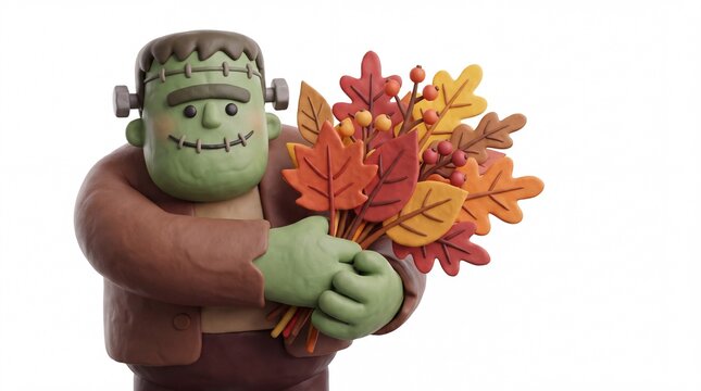 Clay Frankenstein monster holding autumn leaves on white background