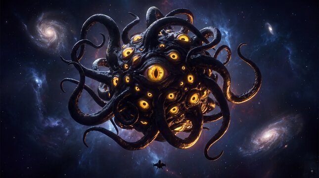 Giant alien tentacle monster floating in deep cosmic space