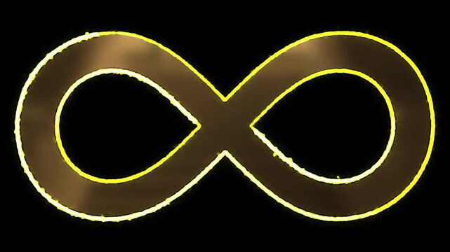 Animated golden infinity symbol with a glowing outline on a black background, representing eternity, endlessness, and limitless possibilities. This abstract graphic conveys concepts of continuity and 