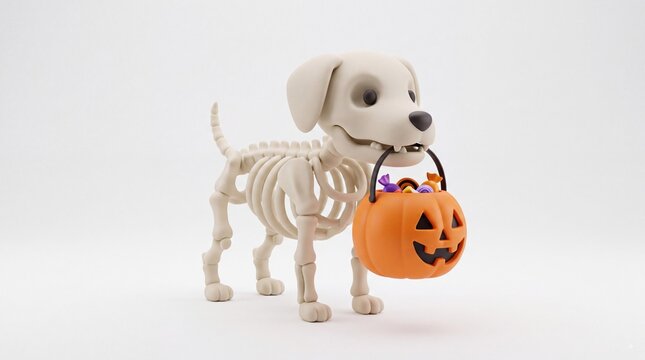 Cute skeleton dog holding Halloween pumpkin basket with candy