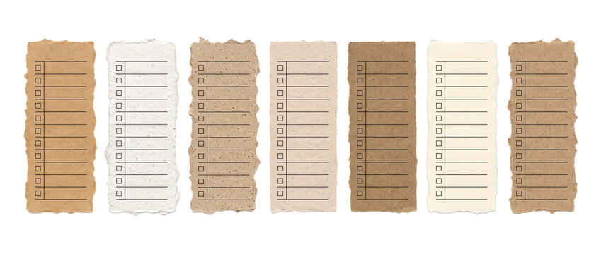 Blank checklist torn paper notes set with checkboxes isolated on black background for daily planning, organizing tasks, and schedule reminder. Kraft and recycled paper scraps collection.
