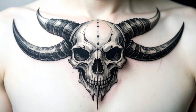 Detailed black and grey horned skull tattoo on male chest