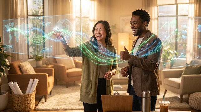 Diverse couple interacting with futuristic augmented reality technology