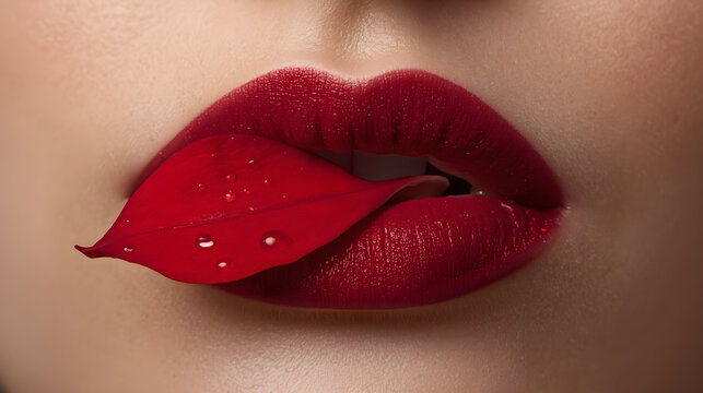 Close up red lips biting a red petal high-resolution photo