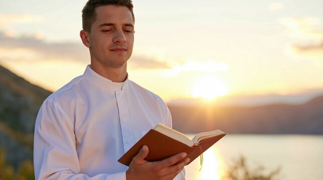 Prayer book reading by man at sunset in front of mountains landscape