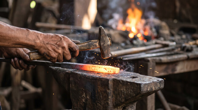 Blacksmith Forges Red-Hot Metal Bar with Hammer on Anvil