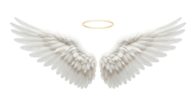 White angel wings with a golden halo isolated on transparent background