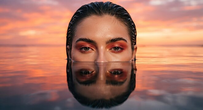 Woman face reflected in still water at sunset