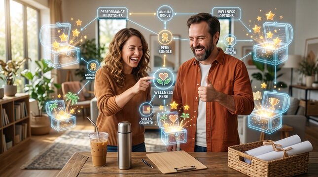 Happy couple interacting with futuristic augmented reality icons in living room