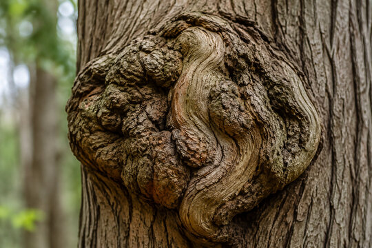 A detailed close-up of a large, gnarled burl on a tree trunk, distorting the straight grain of the wood.