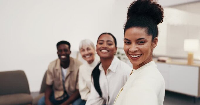 Selfie, laugh and face of business people in office for social media, memory and about us. Portrait, pov and men with women smile for photo, profile picture and capture moment for company website