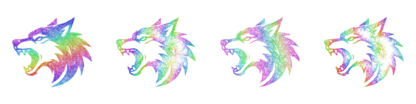Colorful sketch wolf growling icon design set
