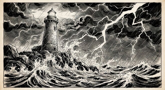 Stormy lighthouse on rocky island with lightning and crashing waves