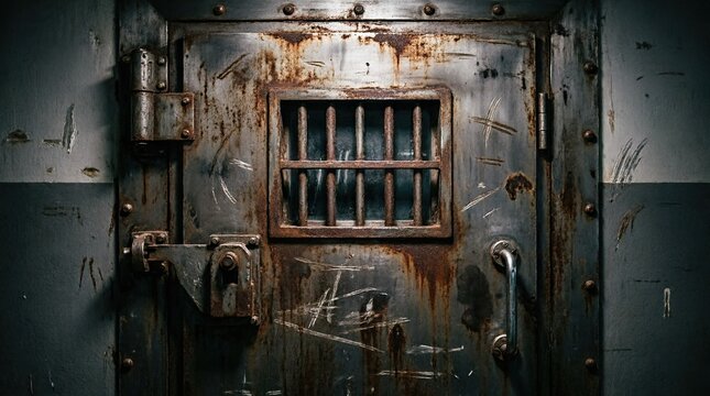Rusty heavy metal prison door with small barred window