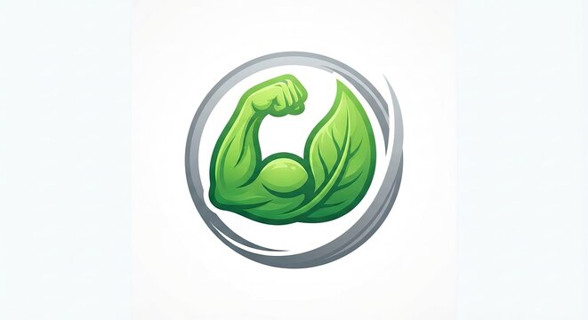 Green logo featuring a muscular arm shaped like a leaf
