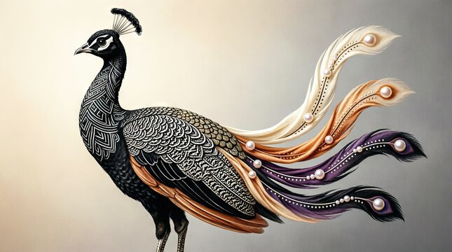 Stylized illustration of a peacock with flowing colorful tail feathers