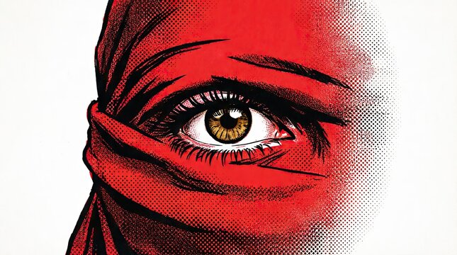 Close up of eye peering through red fabric mask