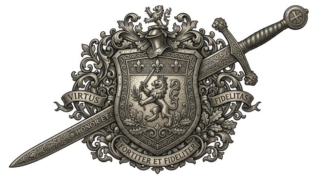 Ornate heraldic emblem with sword and lion crest symbolizing courage and loyalty