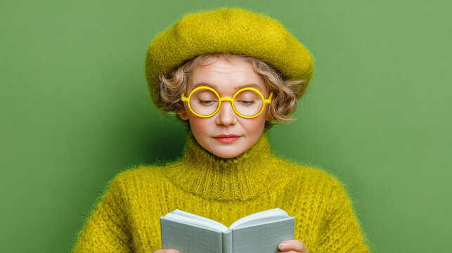 A woman in a bright yellow beret, round yellow glasses and matching lime green turtleneck sweater holds an open book, eyes closed, against a solid muted green background.

