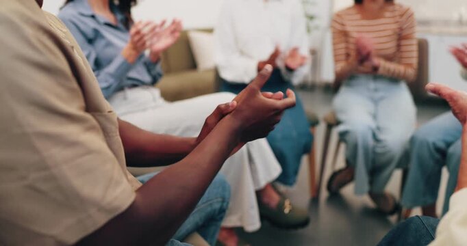 People, meeting and hands with applause in support group for community or counseling. Social therapy, huddle or clapping in circle of trust for winning, achievement or team building session together