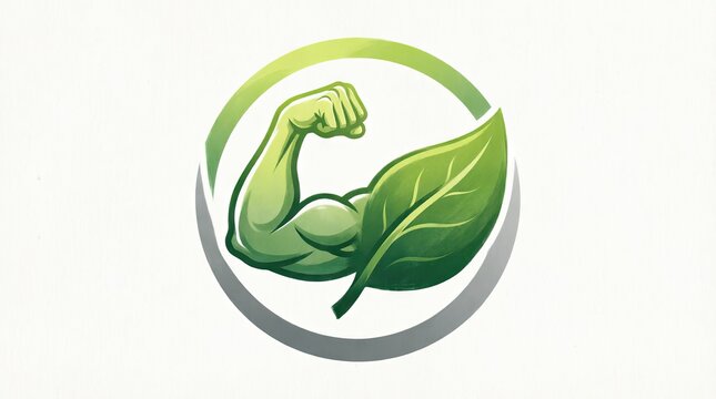 Muscular arm merging with green leaf logo