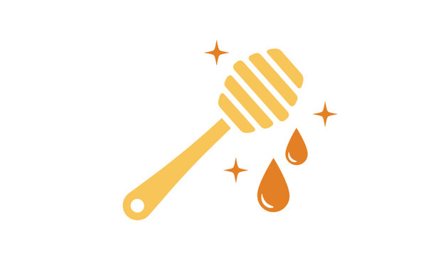 Stylized icon of a yellow wooden honey dipper dripping sweet organic honey droplets with shiny golden stars.