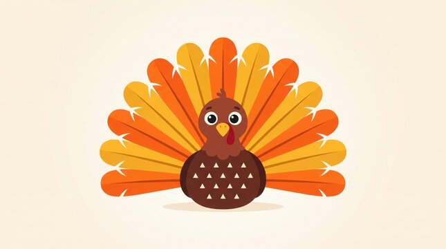 Thanksgiving turkey with fanned tail feathers in warm autumnal colors on a light background