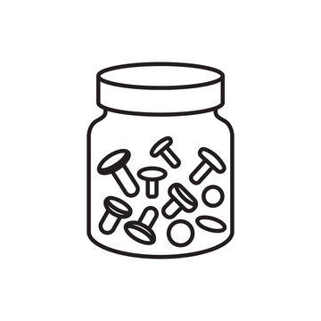 Minimalist line art icon of a glass storage jar filled with an assortment of metal rivets and studs.