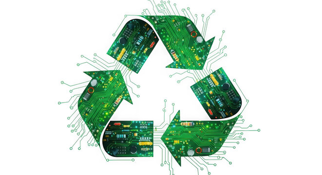 Green electronic waste recycling symbol made of circuit board parts isolated on transparent background