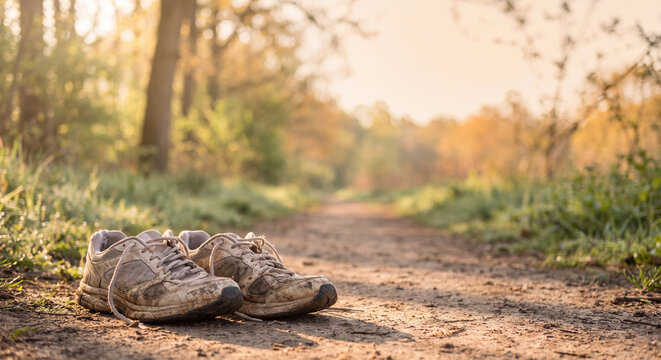 Hking boots photo for outdoor adventure background on forest trail at sunrise