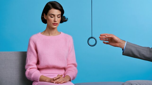 Woman sits still as hand extends hypnotize circle