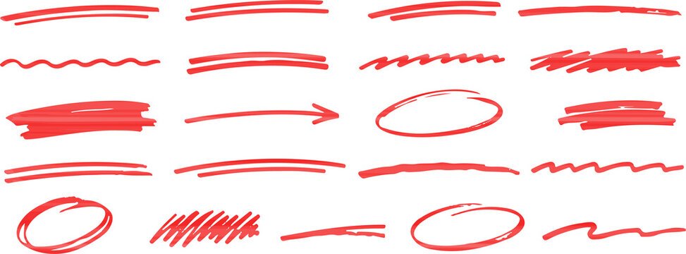 Red Brush Strokes and Hand Drawn Line Marks Collection PNG Isolated on Transparent Background