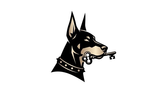 Doberman head logo holding key in mouth.