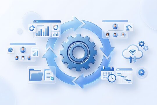 3D digital workflow cycle illustration featuring central gear surrounded by arrows, analytics dashboards, team hierarchy, and cloud icons