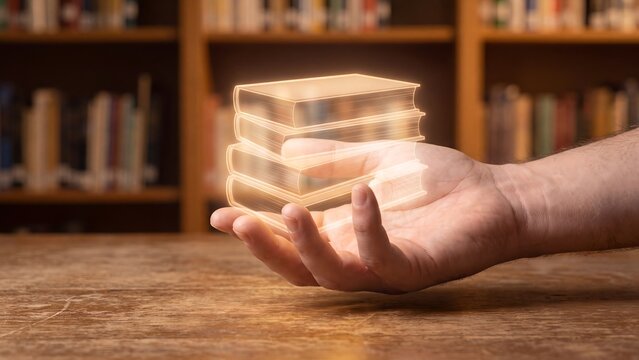Knowledge education library platform concept, hand holding glowing stacked books hologram above wooden desk with bookshelf background, digital learning, academic resource and corporate training manage