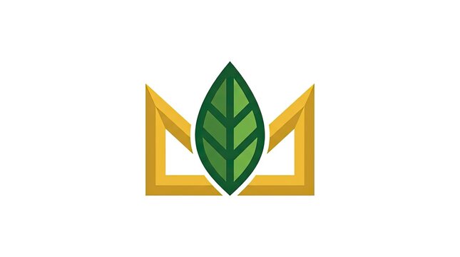 Geometric green leaf icon with golden crown frame.