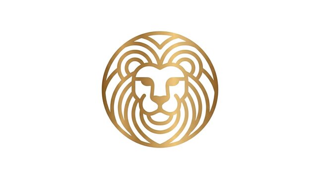Geometric gold line art lion head emblem.