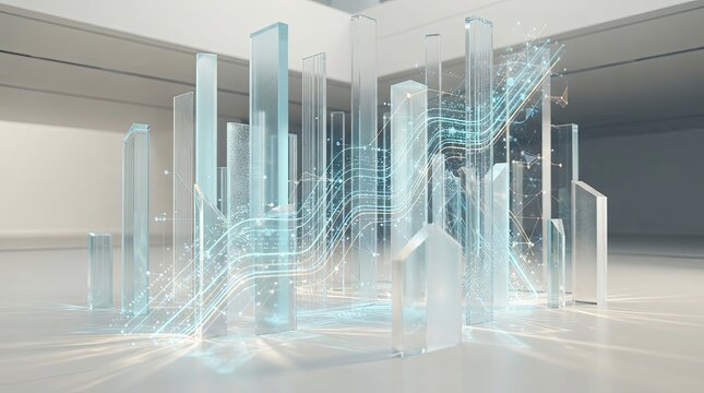 Abstract data city visualization with glowing network lines and glass structures