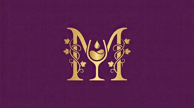 Golden letter M wine glass logo on purple background.