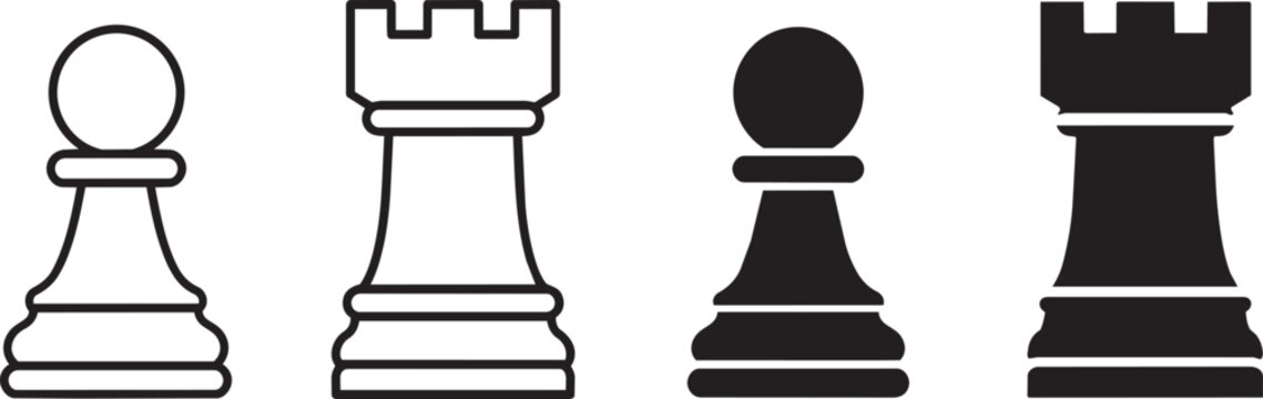 chess pieces set with pawn and rook outline and silhouette icons vector illustration