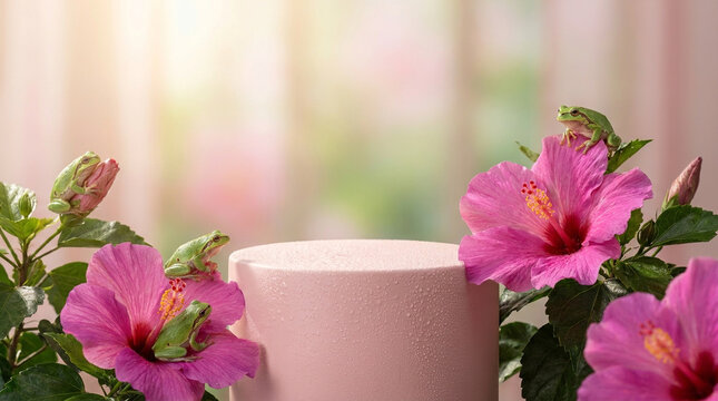 Beautiful front eye-level view photography of a Soft Pastel Pink matte ceramic cylinder podium surrounded by green tree frogs and bright magenta hibiscus flowers. 