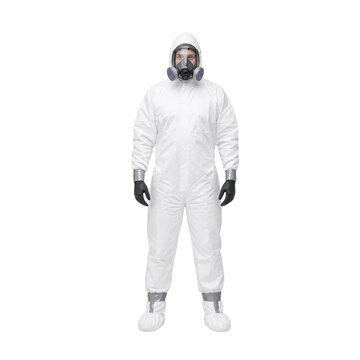 Person in white hazmat suit and full face respirator isolated on transparent background png element