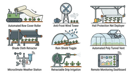 Obraz premium A protective flat vector icon set illustrating row cover rollers, anti-frost wind towers, hail protection nets, and shade retractors for automated crop protection covers, microclimate weather shields,