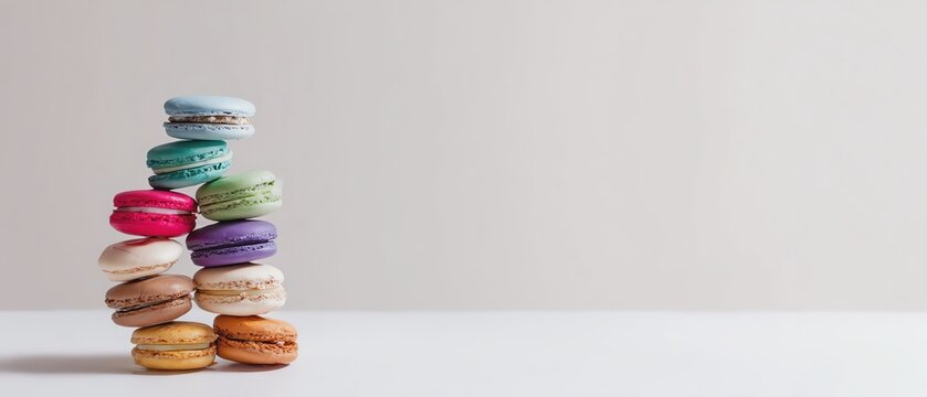 Colorful macarons stacked on a white surface.