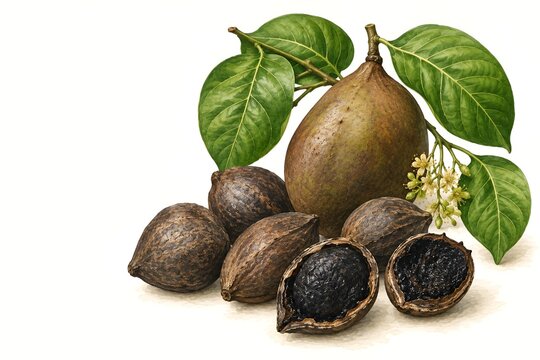 Kluwek Keluak Pangium Edule Botanical Illustration with Seeds Fruit and Tropical Leaves